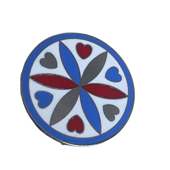 Vintage Pennsylvania Dutch Enamel Hex Pin Brooch Red Blue Hearts Star - Picture 2 of 7